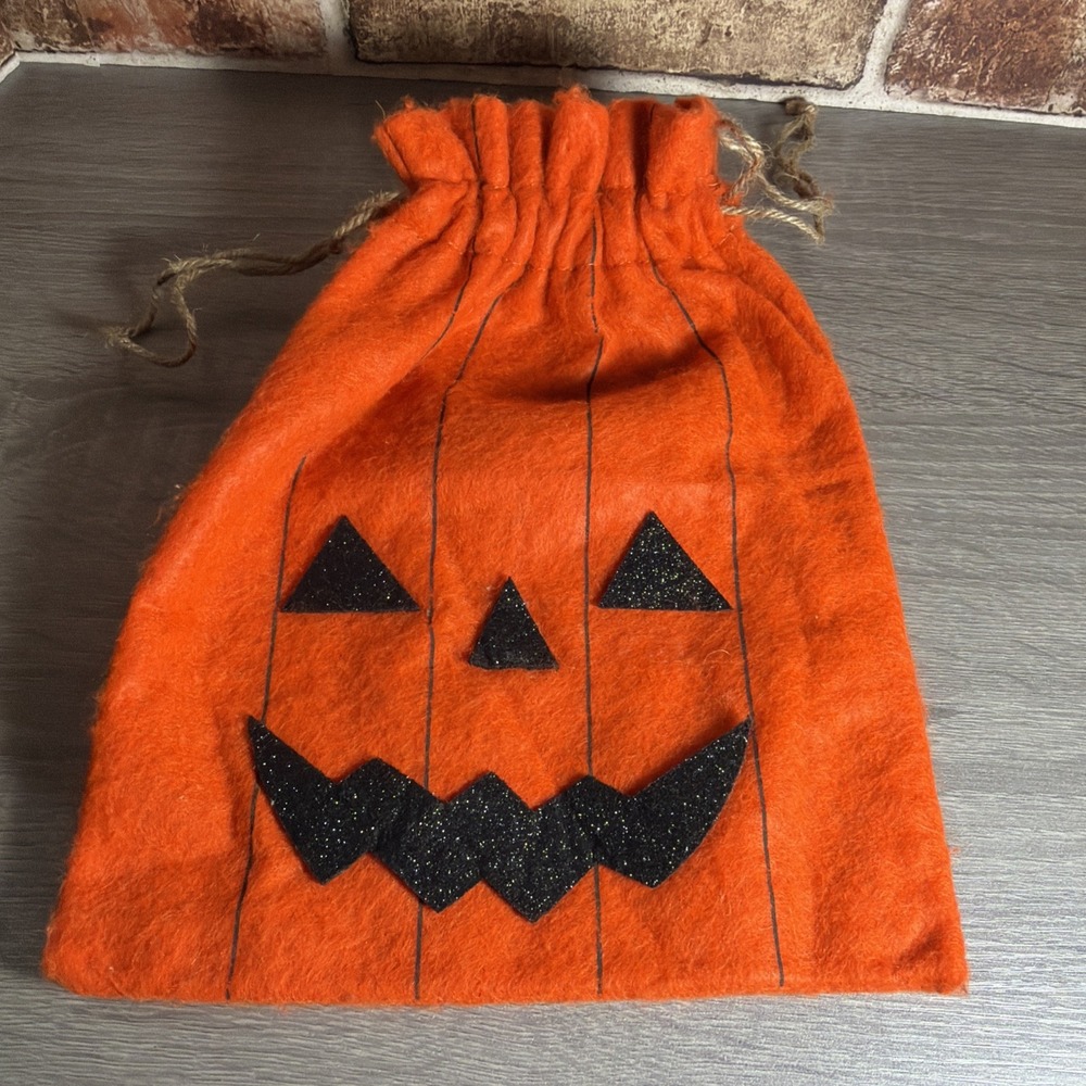 Halloween Orange Pumpkin Felt Treat Bag Sparkle Jack O Lantern Cinch Goodie Sack